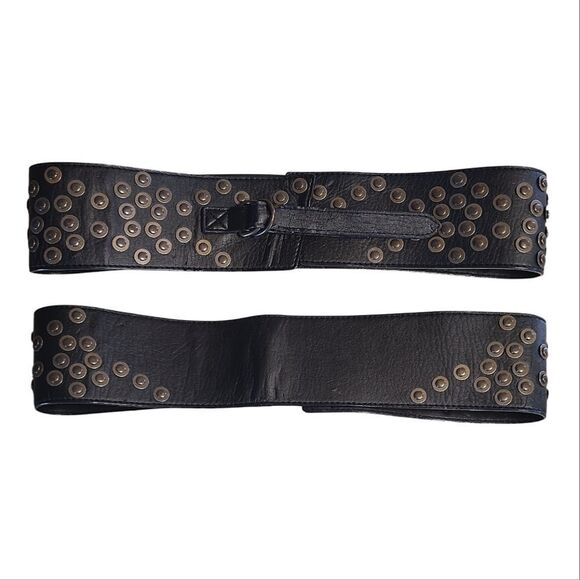 VTG Y2K Black Faux Leather Studded 3" Wide Grunge Belt Size Medium - Picture 2 of 15